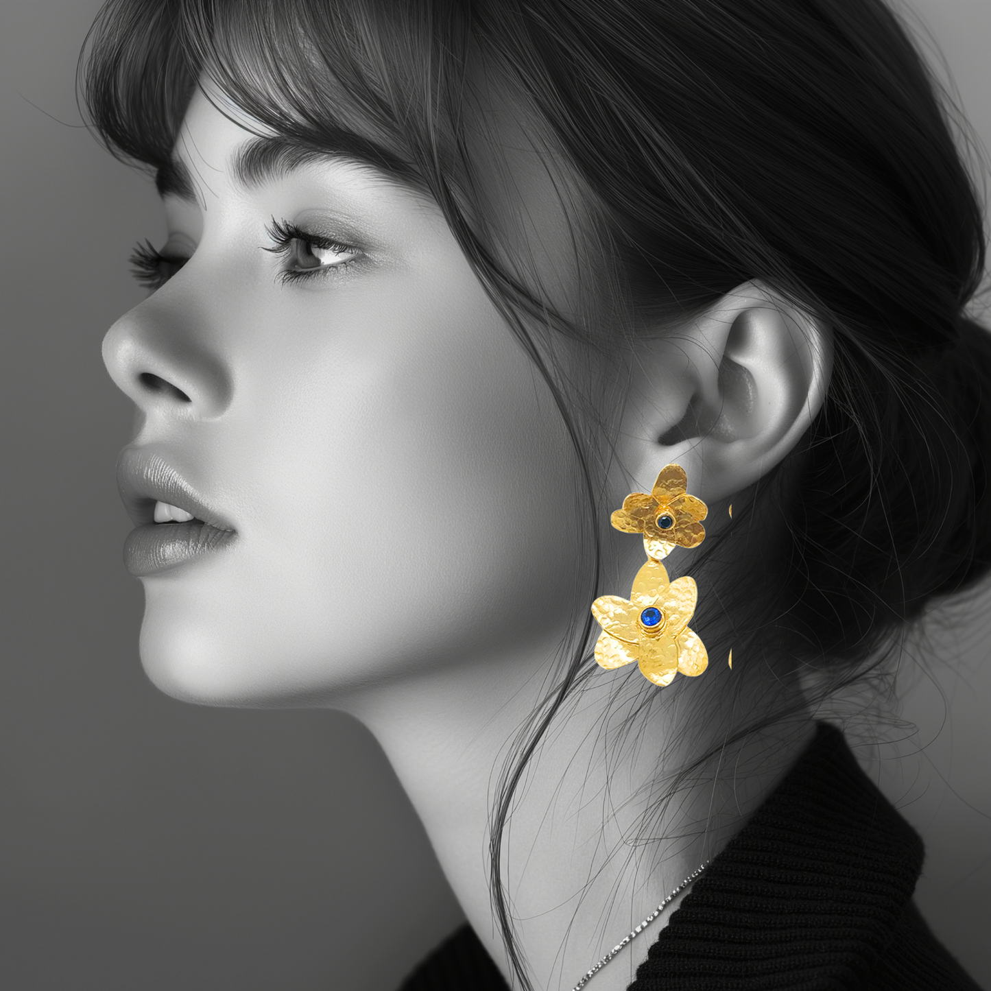 Gold-Plated Handmade Earrings with Sapphire CZ Stones | Contemporary Double Flower Earrings | Elegant Modern Jewelry