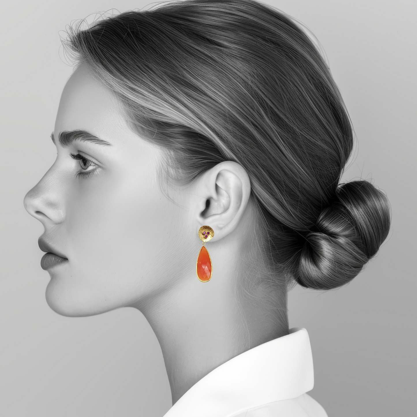 Handmade Orange Cat's eye Earrings with Ruby CZ Top - Gold Plated Statement Jewelry