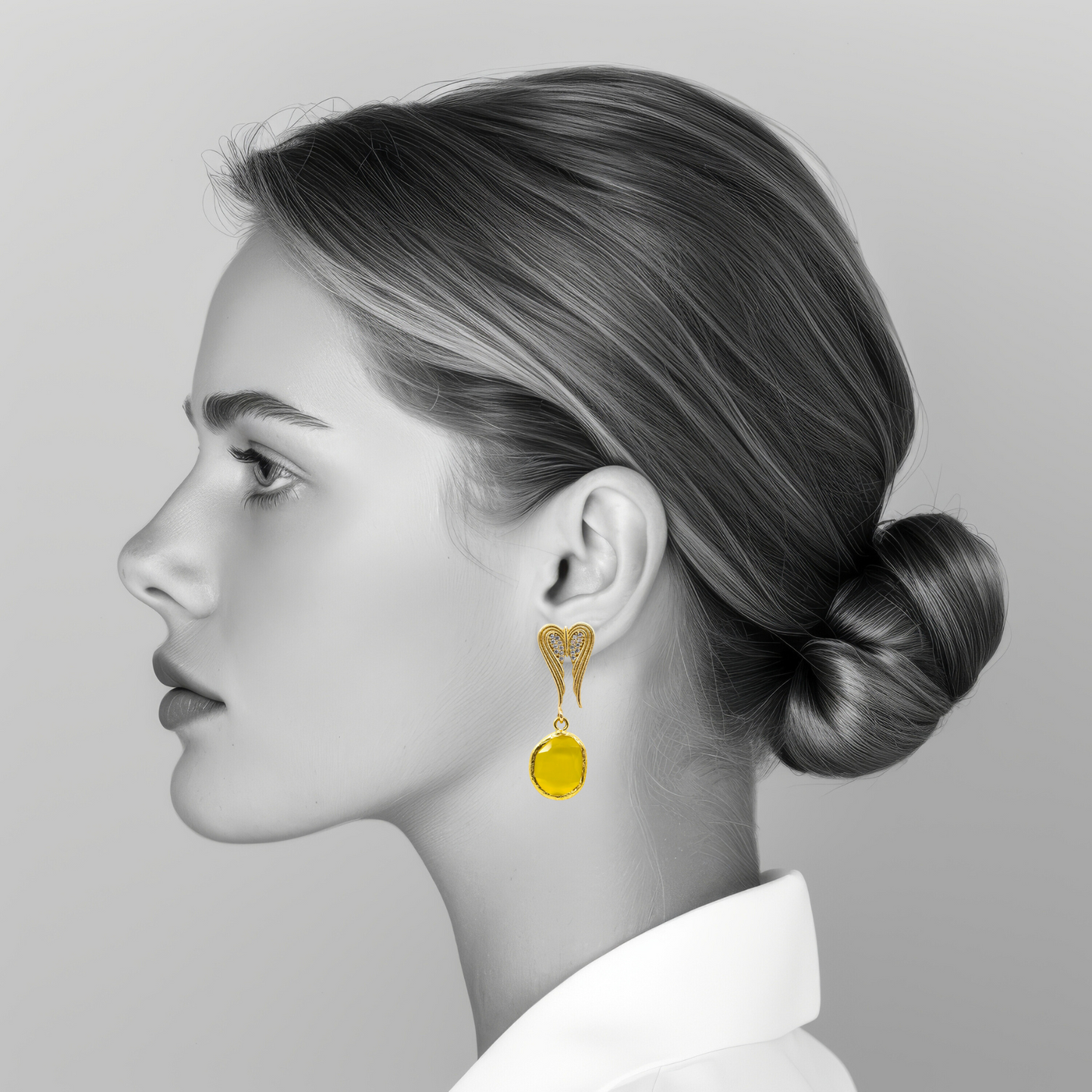Dangling Heart Earring with Yellow Oval Stone