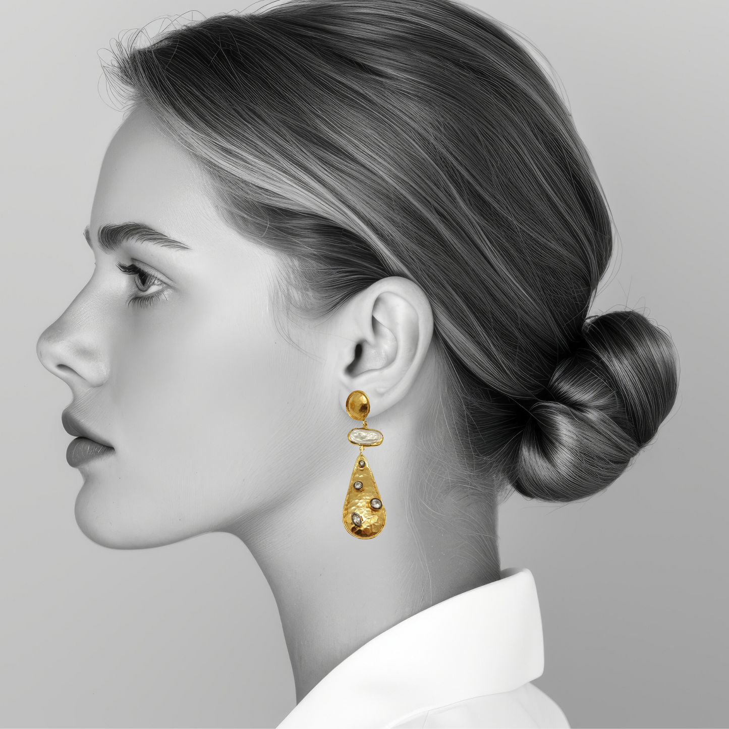 Gold Plated Handmade Hammered Dangling Earrings with Pearl and CZ