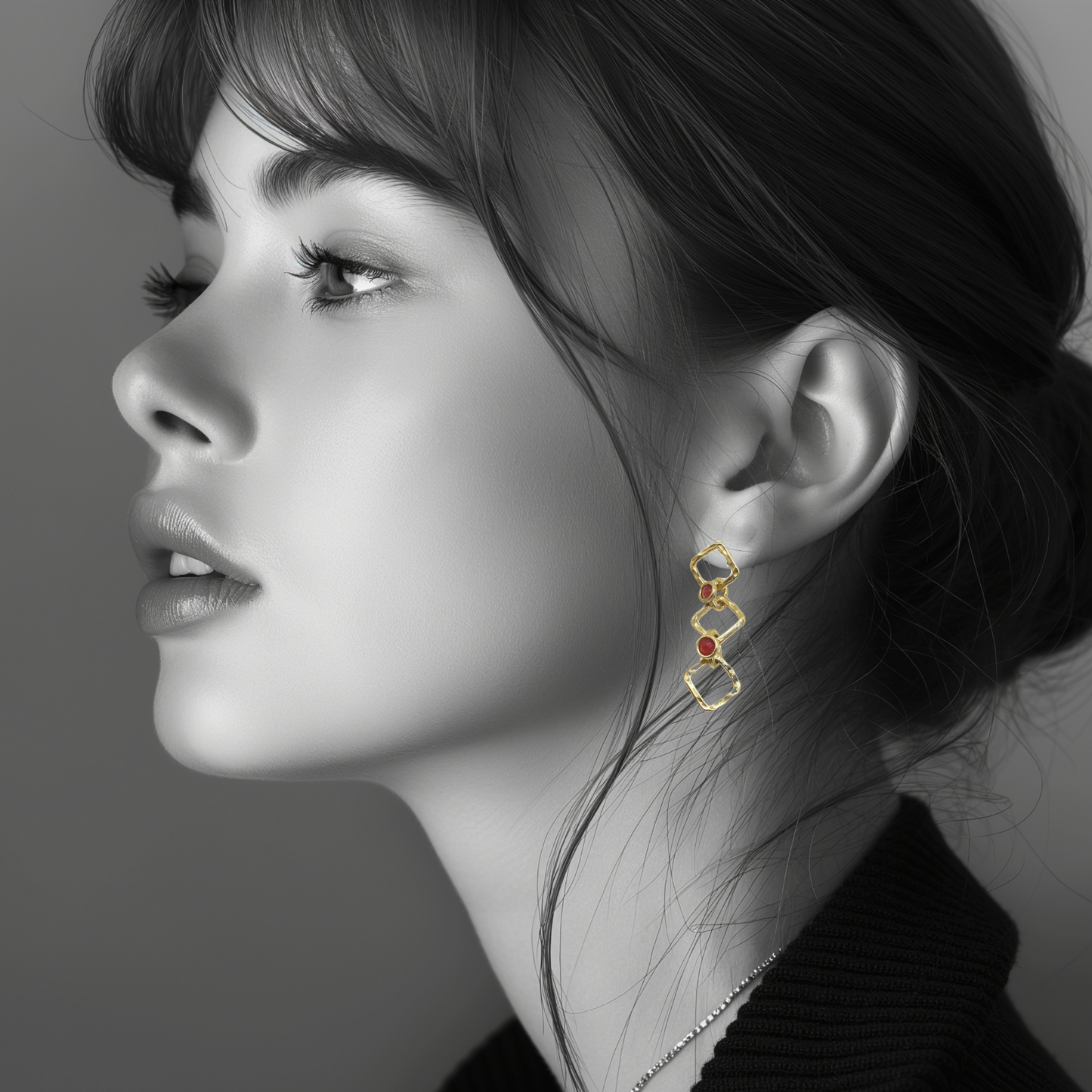 Triple Diamond Shape Gold-Plated Earrings | Red CZ Stone | Artisan Crafted Jewelry | Unique Drop Earrings