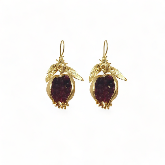 Contemporary Handmade Red Pomegranate Earrings | Gold-Plated with Red Ruby CZ Accents - shopzeyzey