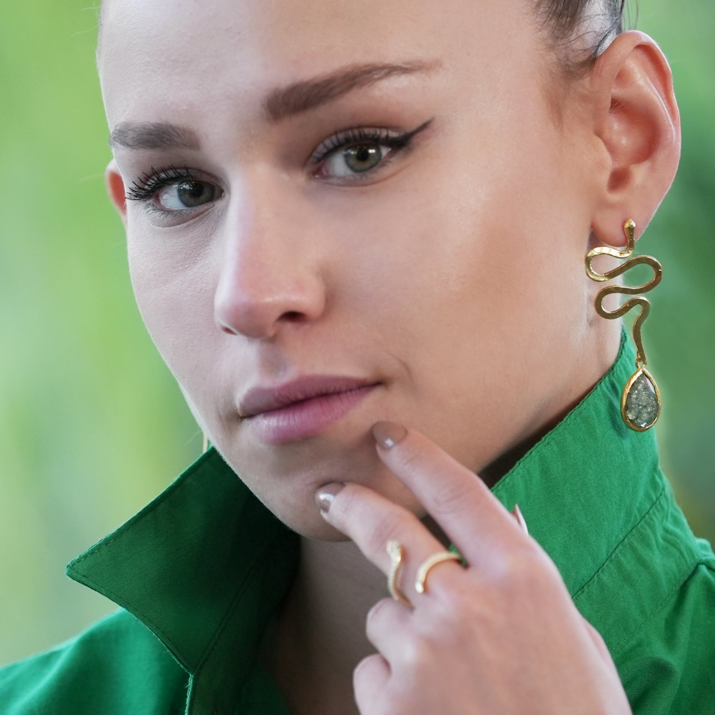 Snake Earring with Green Stone - shopzeyzey