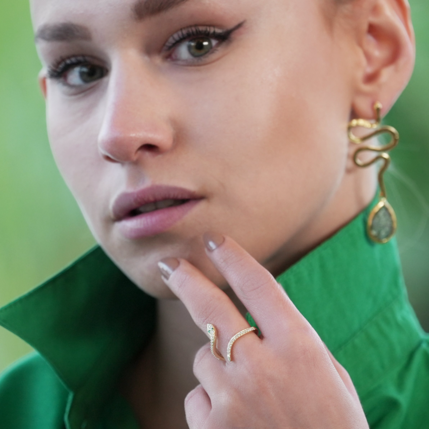 Snake Earring with Green Stone - shopzeyzey