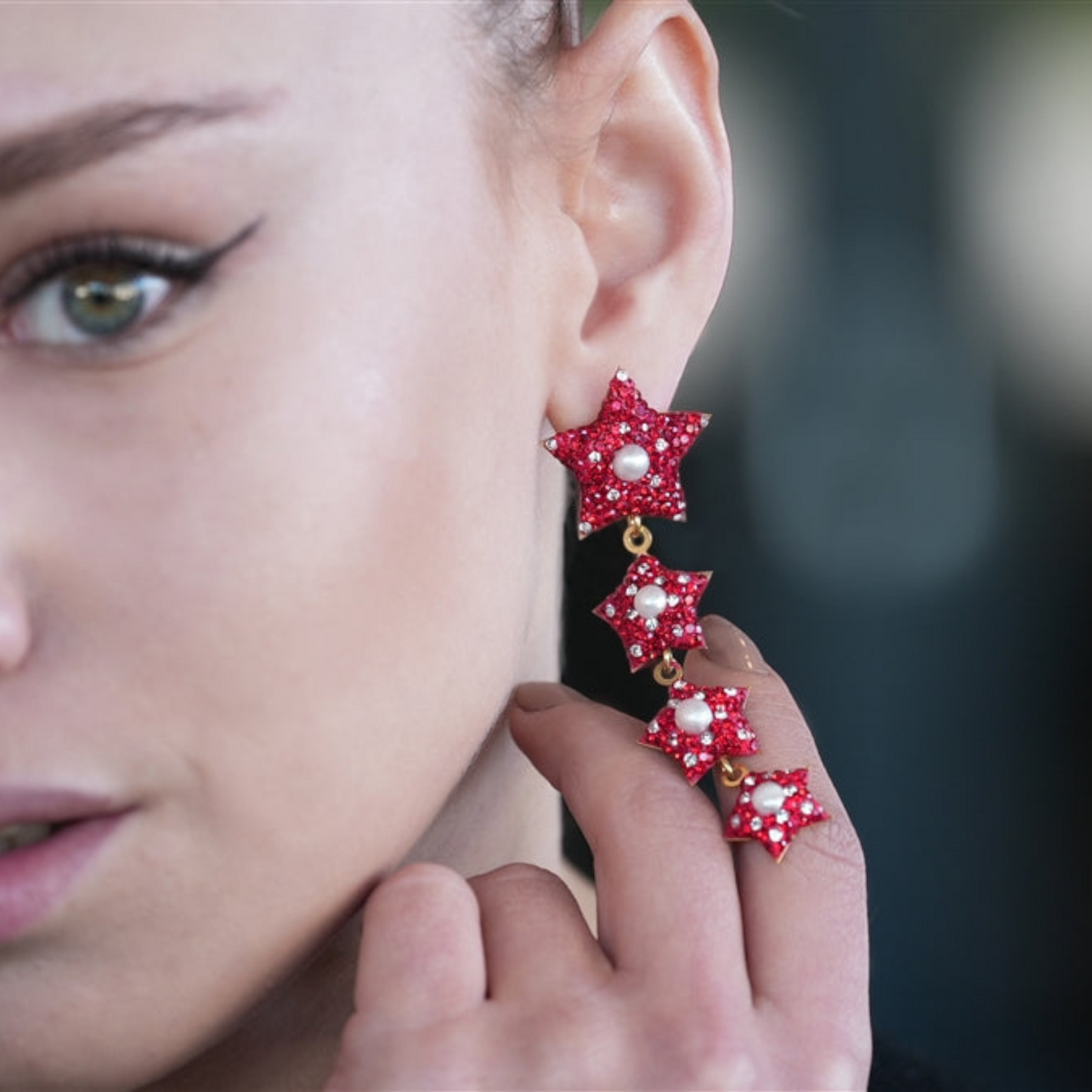 Dangling Four Red Star Earring with Pearl - shopzeyzey