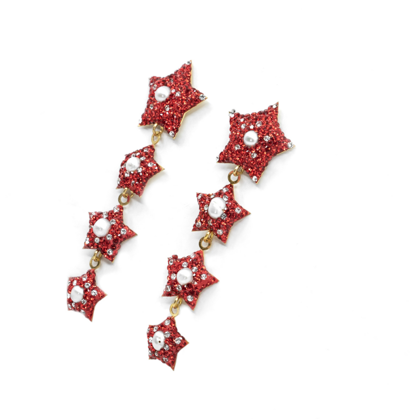 Dangling Four Red Star Earring with Pearl - shopzeyzey