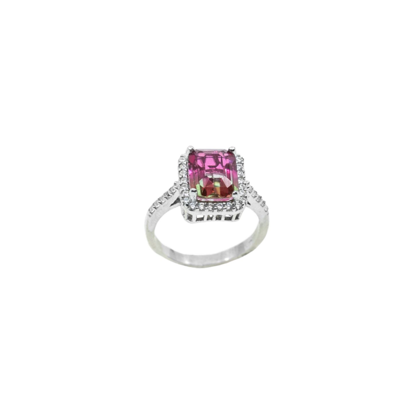 Watermelon Tourmaline Stone Ring with CZ Trim | Rhodium-Plated Sterling Silver | Sizes 6, 7, 8 | Tarnish-Resistant - shopzeyzey