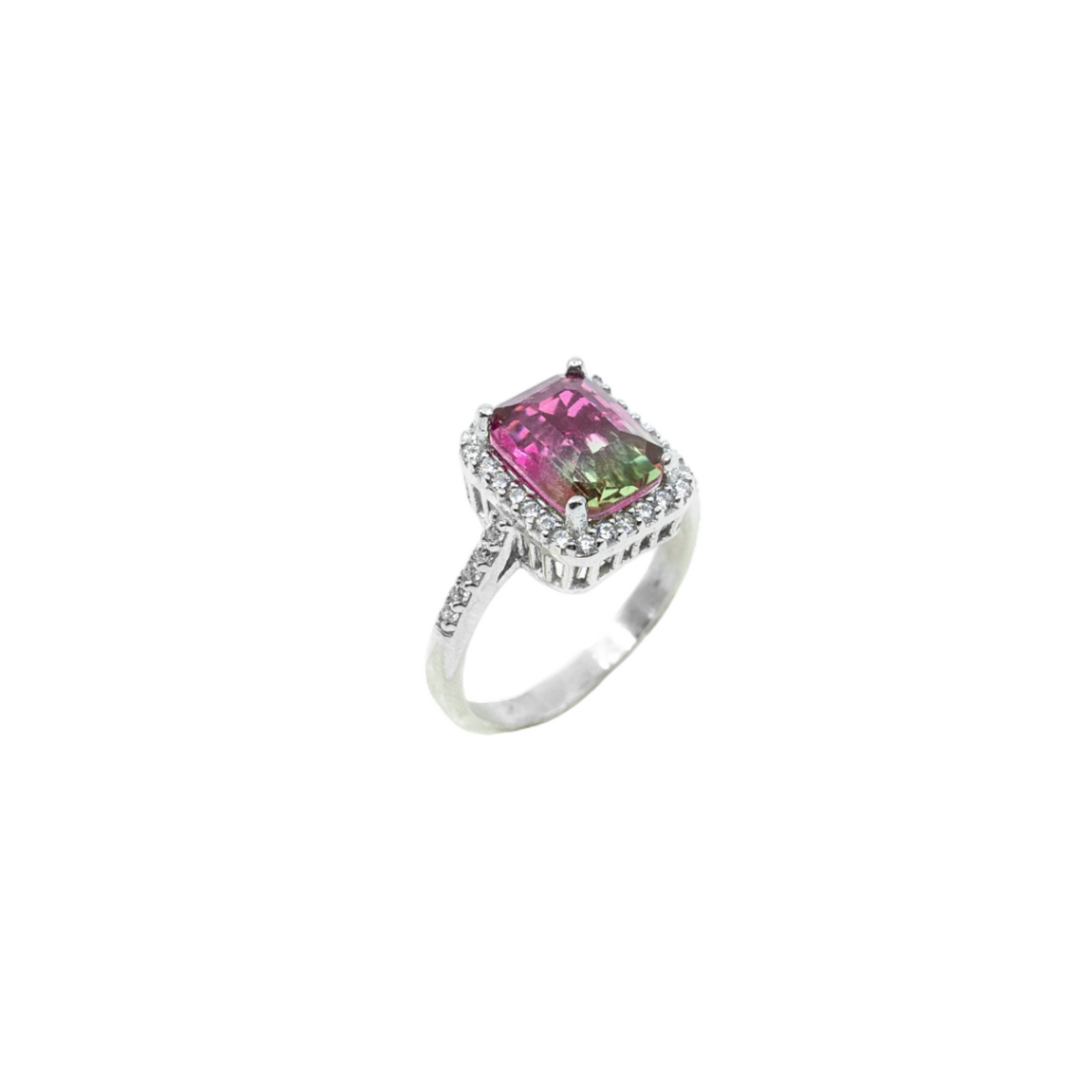 Watermelon Tourmaline Stone Ring with CZ Trim | Rhodium-Plated Sterling Silver | Sizes 6, 7, 8 | Tarnish-Resistant - shopzeyzey