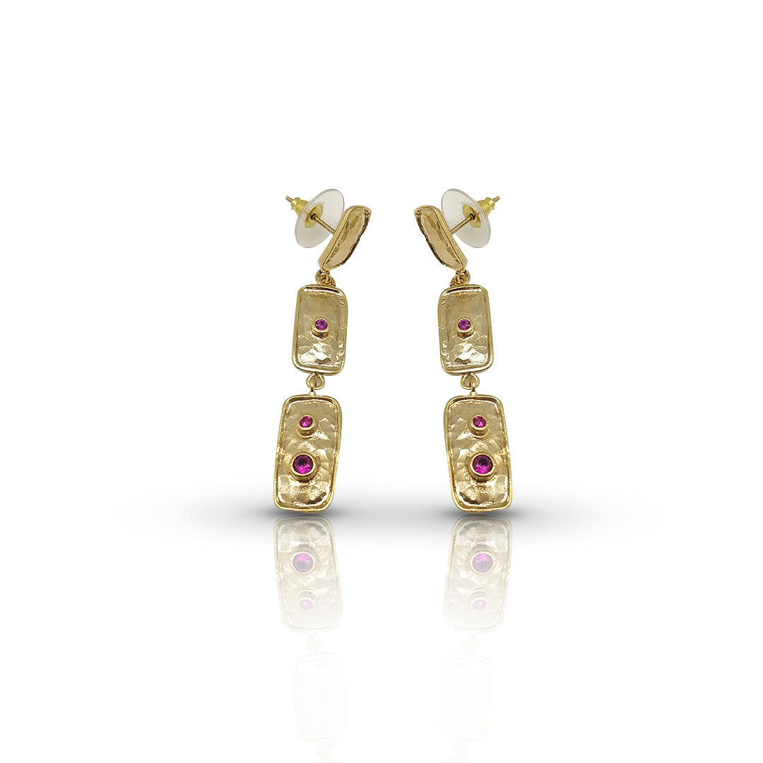 Gold Plated Handmade Hammered Triple Rectangle Earrings with Ruby CZ - Contemporary Jewelry - shopzeyzey