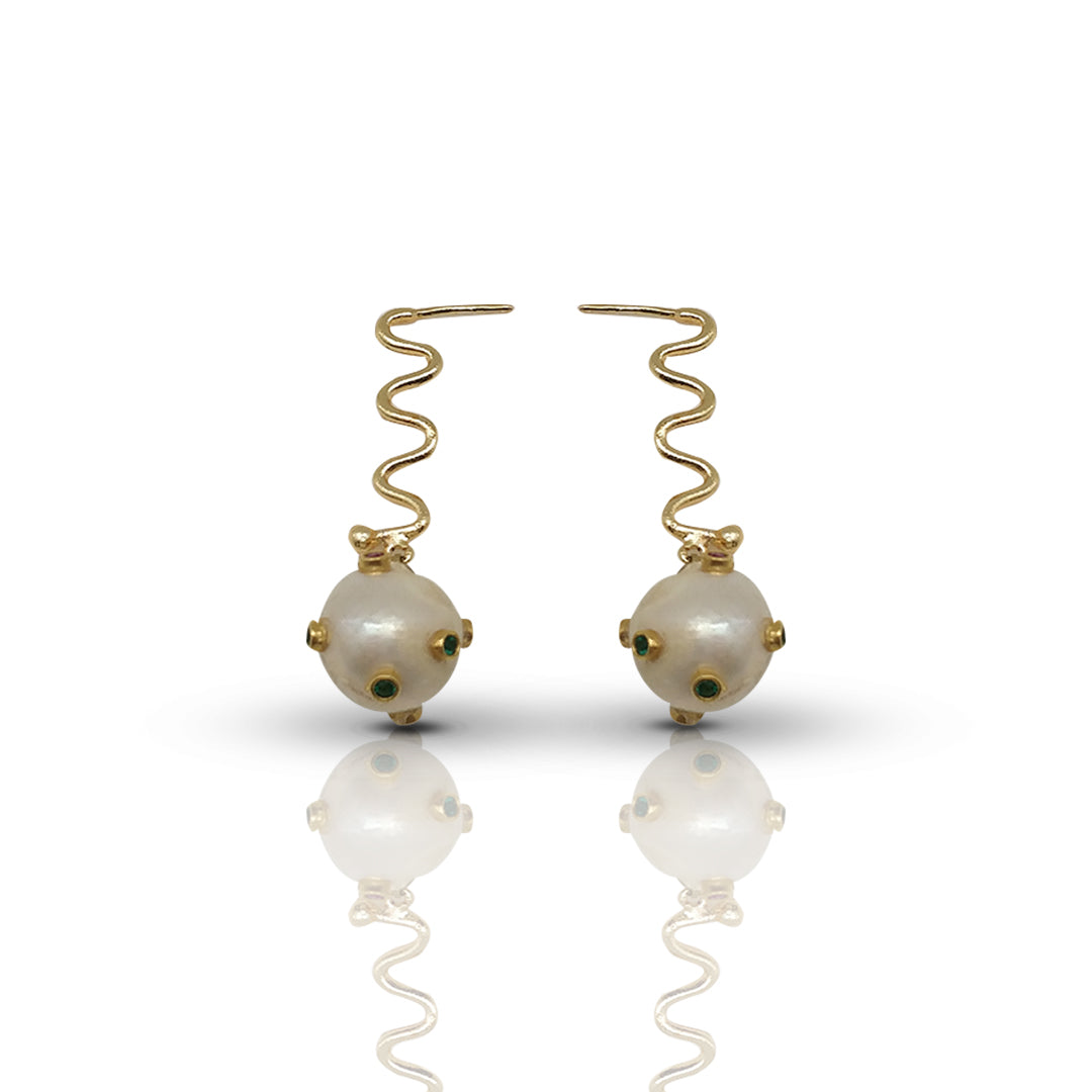 Elegant Harmony | Handmade Gold-Plated Pearl Earrings with Emerald CZ Accents - shopzeyzey