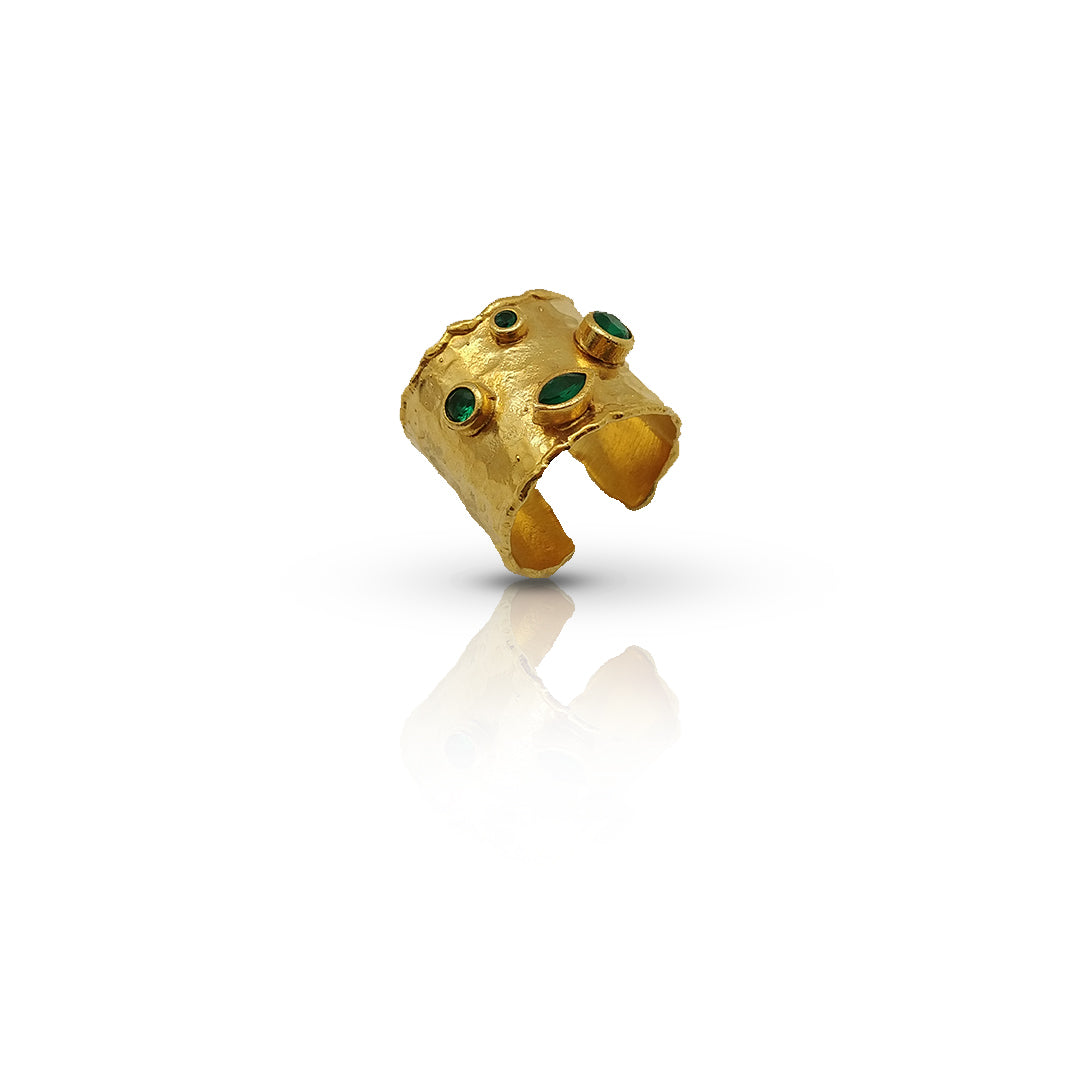 Gold-Plated Cuff Ring with Emerald CZ Stones | Adjustable Handmade Jewelry | Elegant Green Gemstone Ring - shopzeyzey