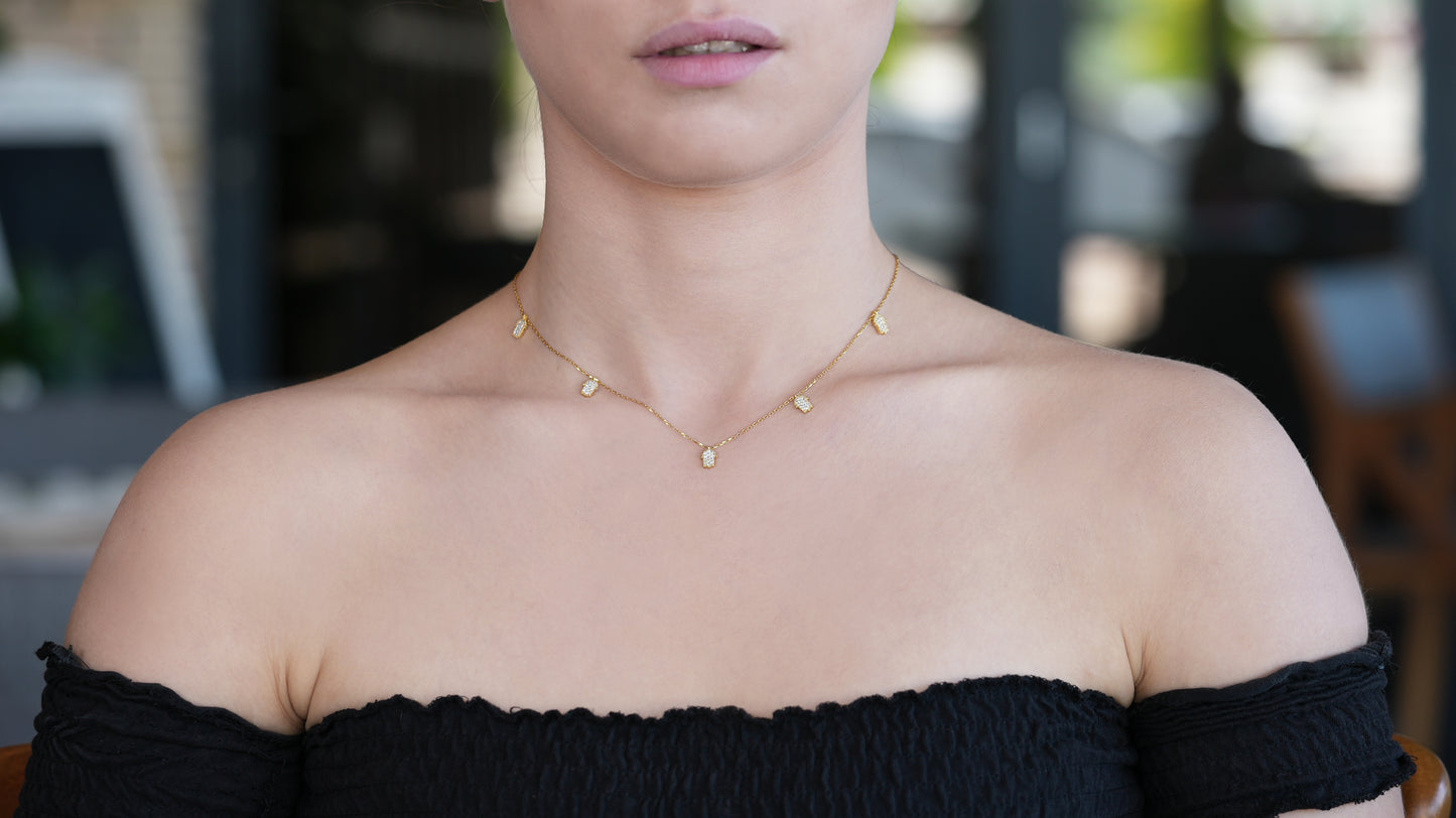Five Tiny Gold Hamza Choker covered with CZ diamond - shopzeyzey