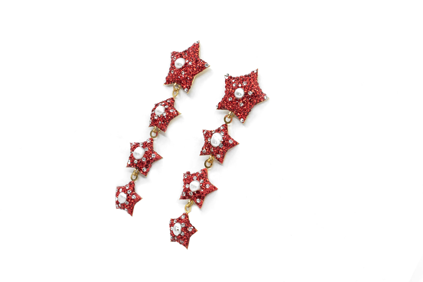 Dangling Four Red Star Earring with Pearl - shopzeyzey