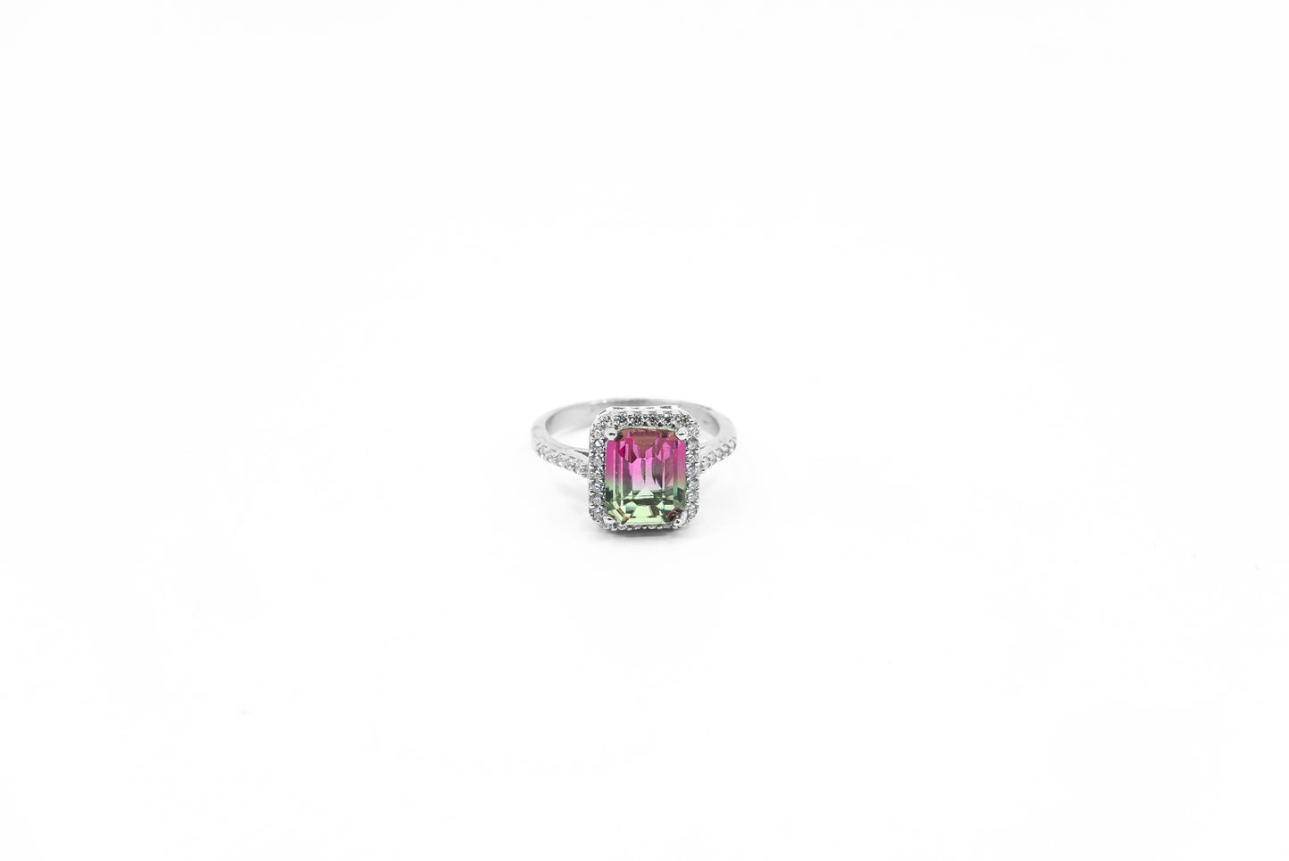 Watermelon Tourmaline Stone Ring with CZ Trim | Rhodium-Plated Sterling Silver | Sizes 6, 7, 8 | Tarnish-Resistant - shopzeyzey