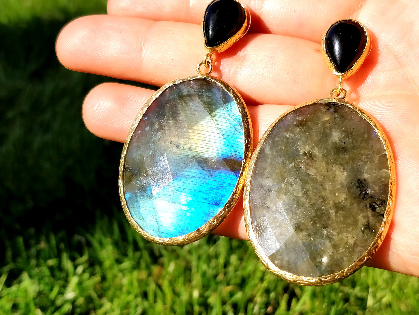 Double Stone Labradorite Statement Gold Earrings - shopzeyzey
