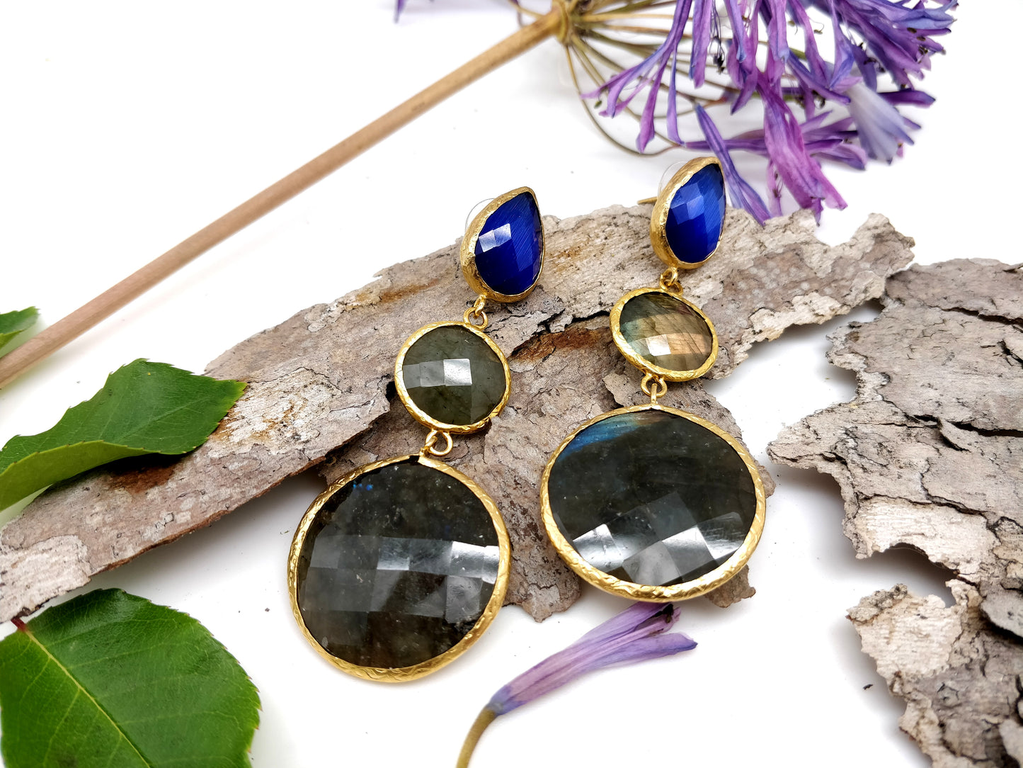 Triple Stone Labradorite Statement Earrings - shopzeyzey