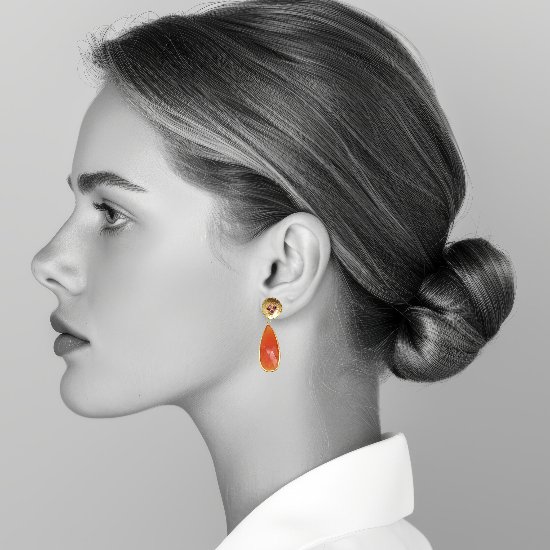 Handmade Orange Cat's eye Earrings with Ruby CZ Top - Gold Plated Statement Jewelry