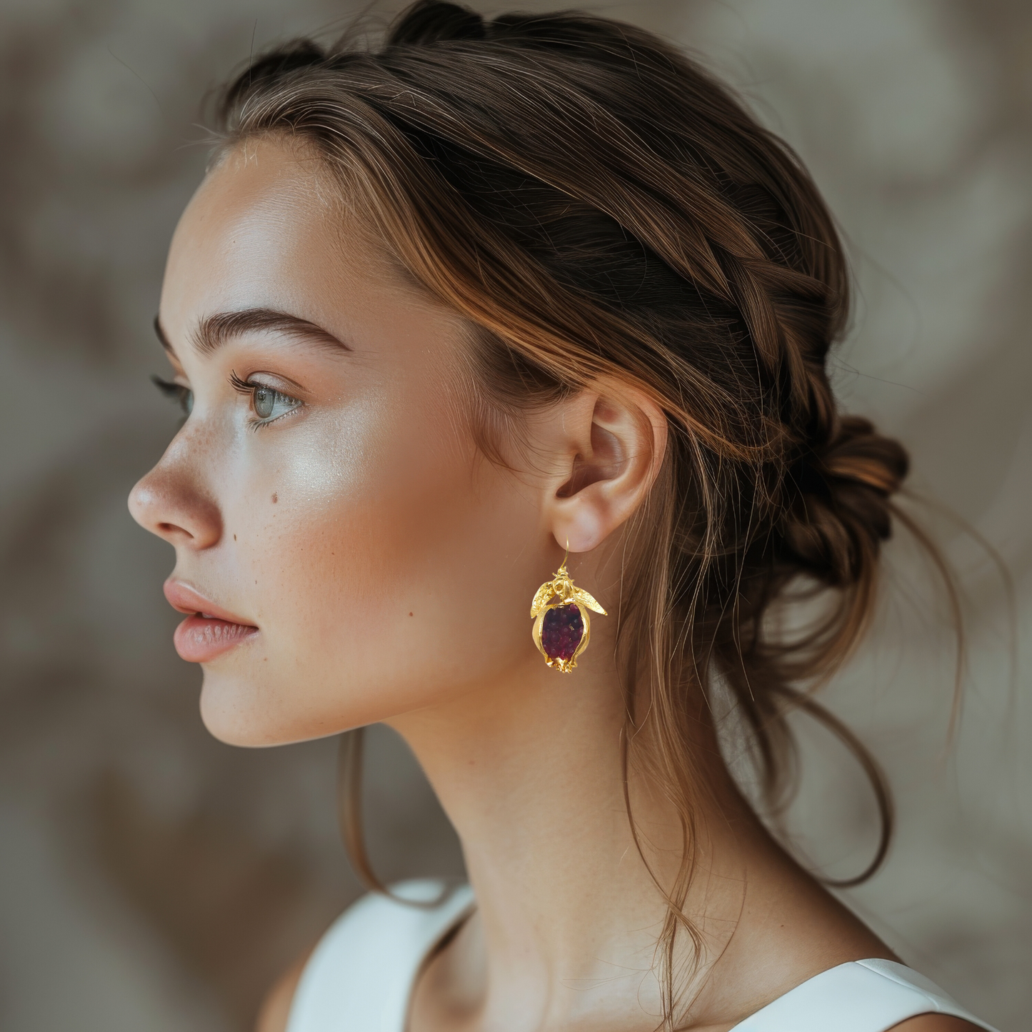 Contemporary Handmade Red Pomegranate Earrings | Gold-Plated with Red Ruby CZ Accents