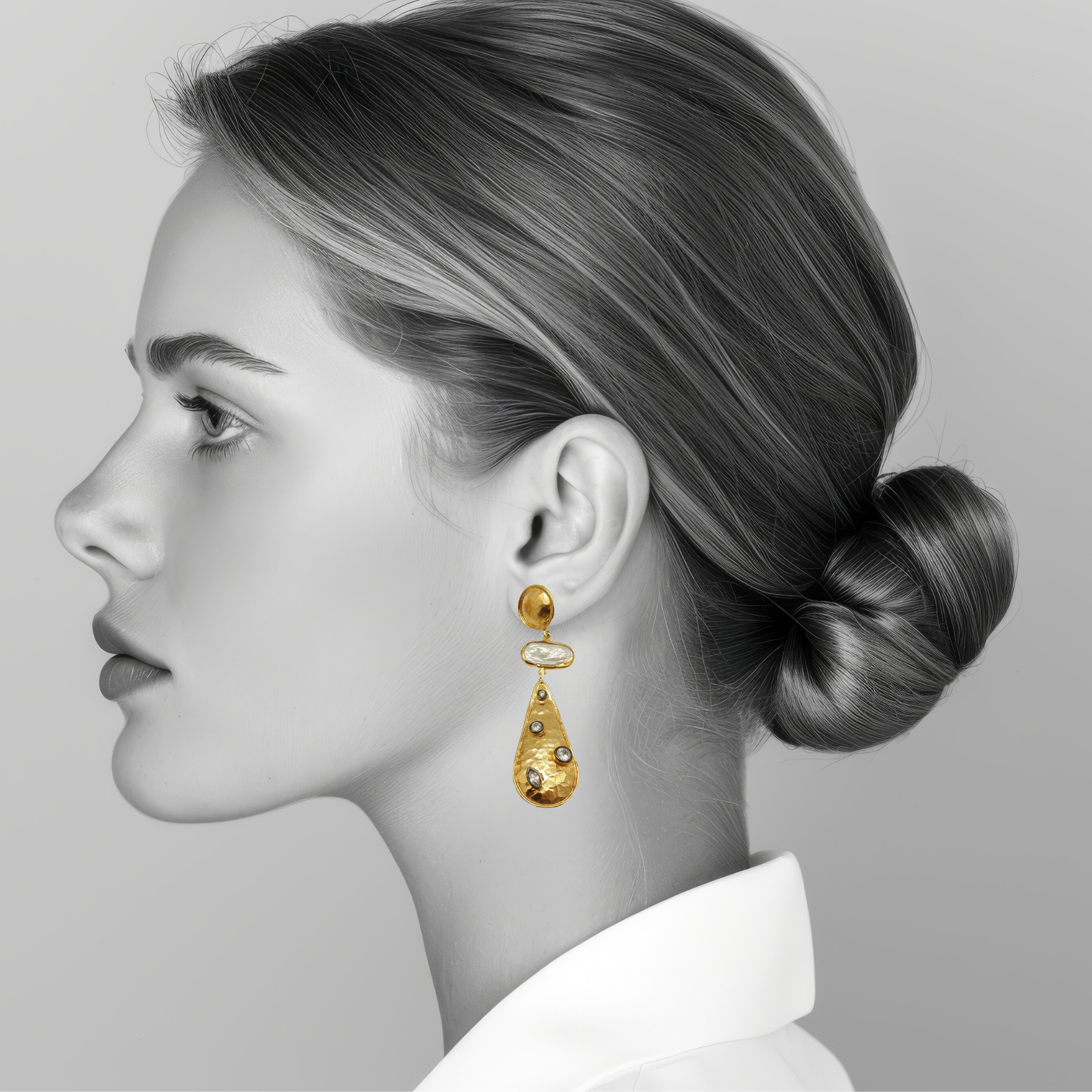 Gold Plated Handmade Hammered Dangling Earrings with Pearl and CZ