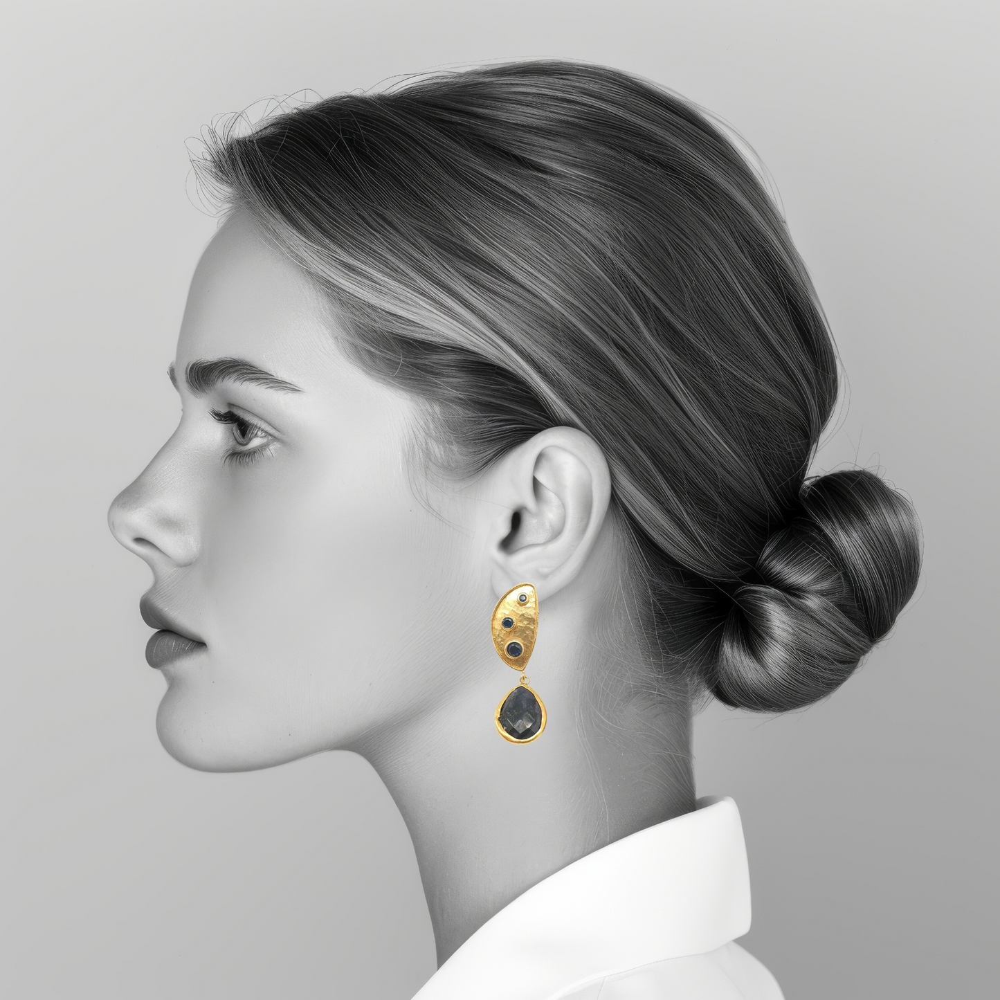 Gold-Plated Handmade Earrings with Sapphire Corundum and CZ Stones | Celestial Elegance | Artisan Crafted Jewelry