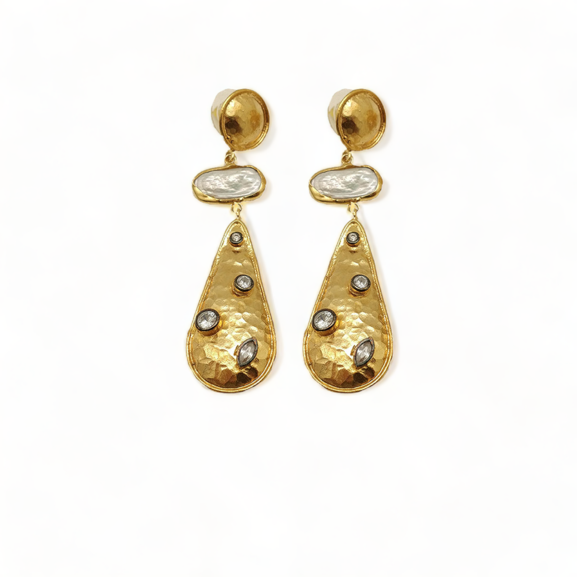 Gold Plated Handmade Hammered Dangling Earrings with Pearl and CZ - shopzeyzey