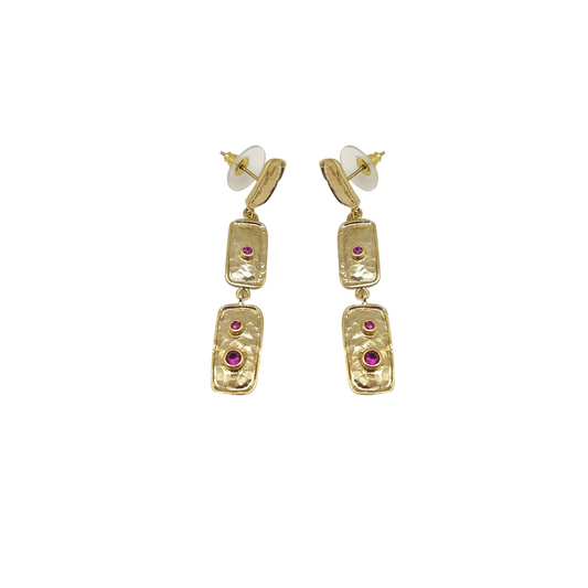 Gold Plated Handmade Hammered Triple Rectangle Earrings with Ruby CZ - Contemporary Jewelry - shopzeyzey