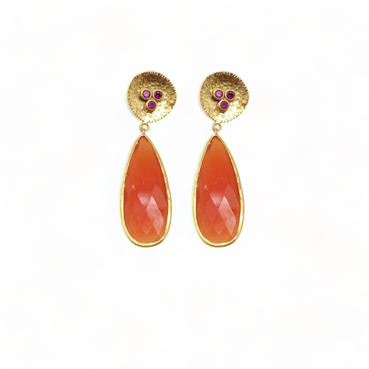 Handmade Orange Cat's eye Earrings with Ruby CZ Top - Gold Plated Statement Jewelry - shopzeyzey