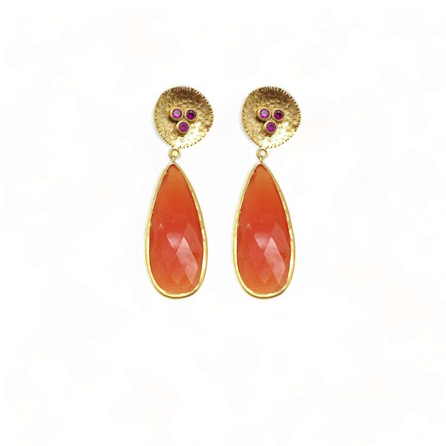Handmade Orange Cat's eye Earrings with Ruby CZ Top - Gold Plated Statement Jewelry - shopzeyzey