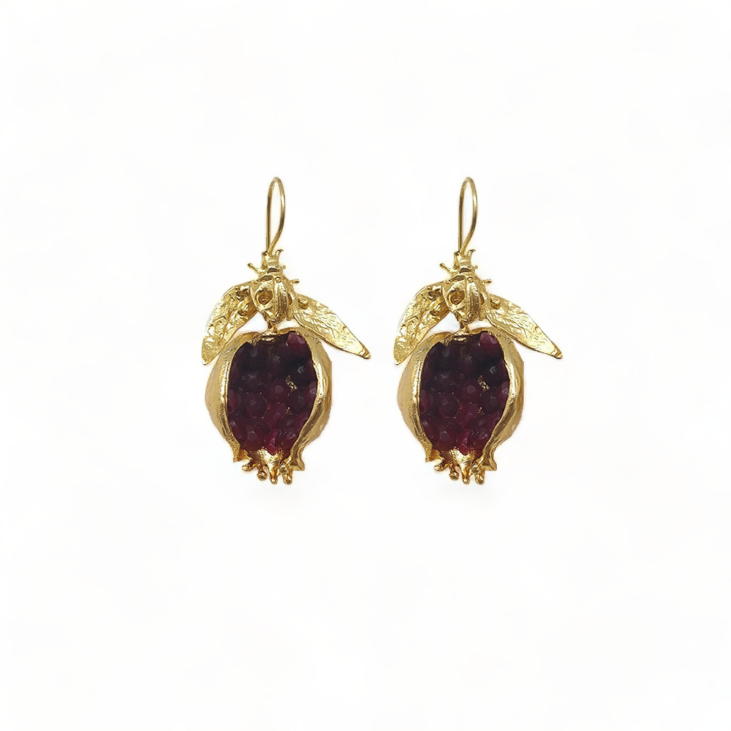 Contemporary Handmade Red Pomegranate Earrings | Gold-Plated with Red Ruby CZ Accents - shopzeyzey