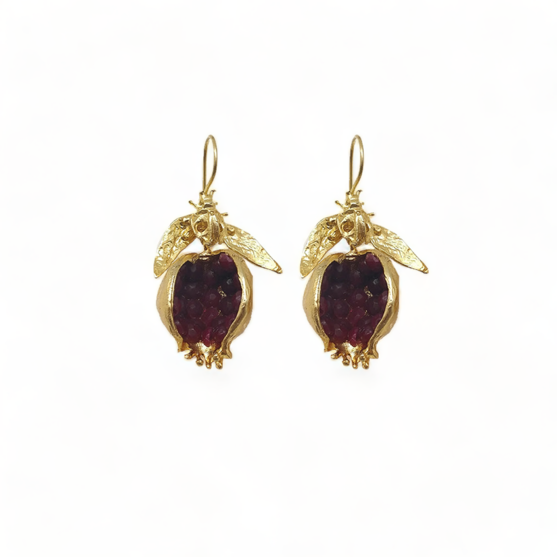 Contemporary Handmade Red Pomegranate Earrings | Gold-Plated with Red Ruby CZ Accents - shopzeyzey