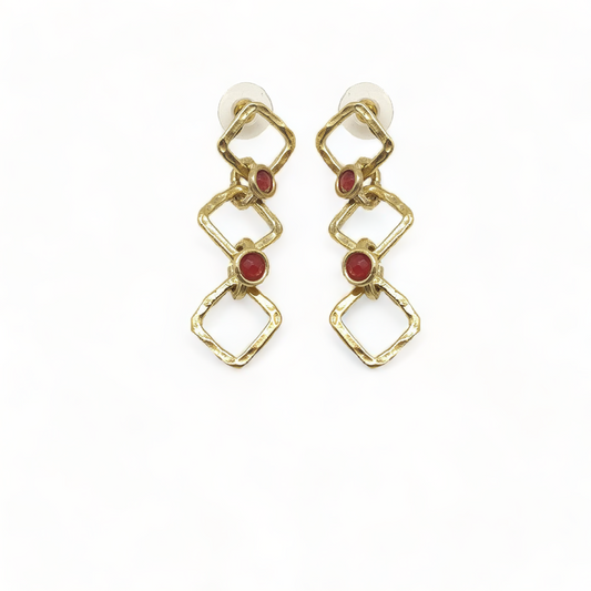Triple Diamond Shape Gold-Plated Earrings | Red CZ Stone | Artisan Crafted Jewelry | Unique Drop Earrings - shopzeyzey