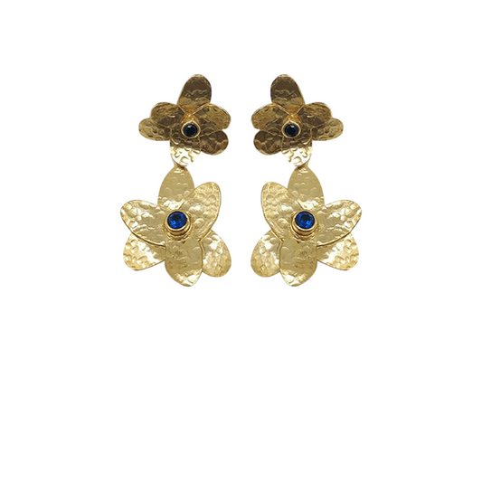 Gold-Plated Handmade Earrings with Sapphire CZ Stones | Contemporary Double Flower Earrings | Elegant Modern Jewelry - shopzeyzey