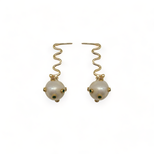 Elegant Harmony | Handmade Gold-Plated Pearl Earrings with Emerald CZ Accents - shopzeyzey