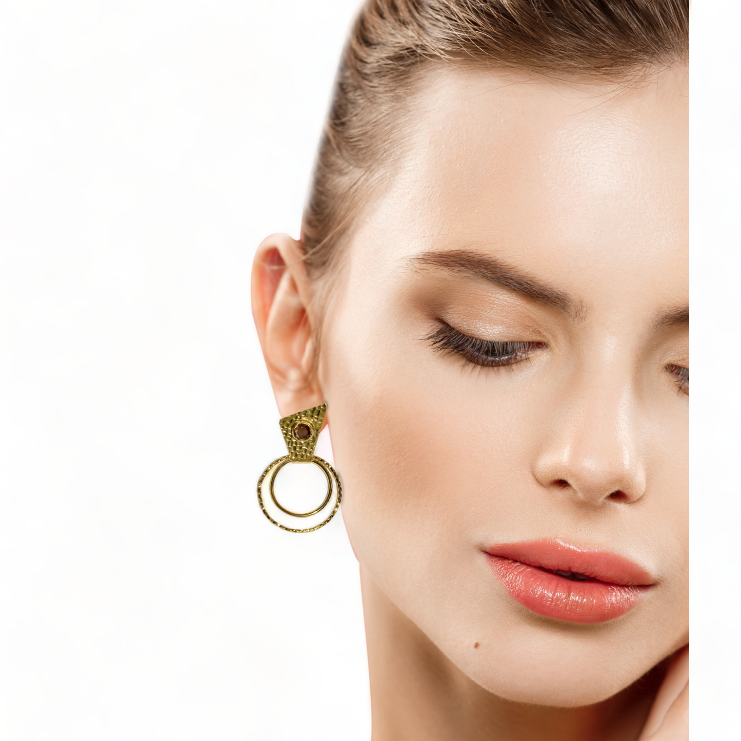 Handmade Gold-Plated Circle Earrings | Brown Cat Eye Stone | Artisan Crafted Jewelry | Unique Drop Earrings - shopzeyzey