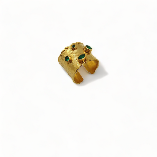 Gold-Plated Cuff Ring with Emerald CZ Stones | Adjustable Handmade Jewelry | Elegant Green Gemstone Ring - shopzeyzey