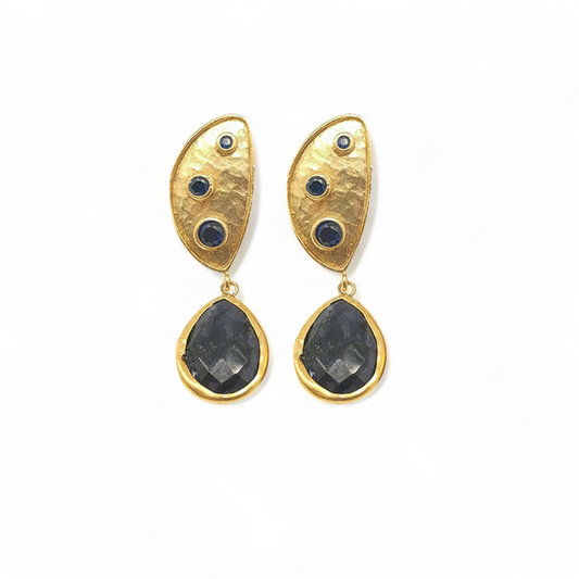 Gold-Plated Handmade Earrings with Sapphire Corundum and CZ Stones | Celestial Elegance | Artisan Crafted Jewelry - shopzeyzey
