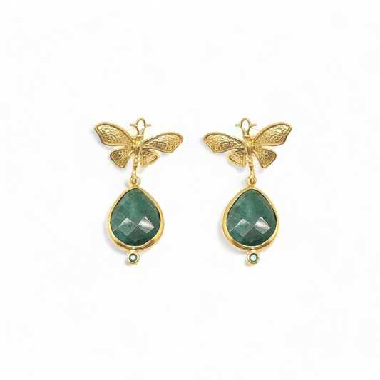 Handmade Gold-Plated Butterfly Top Earrings | Teardrop Emerald Corundum | Artisan Crafted Jewelry | Unique Drop Earrings - shopzeyzey