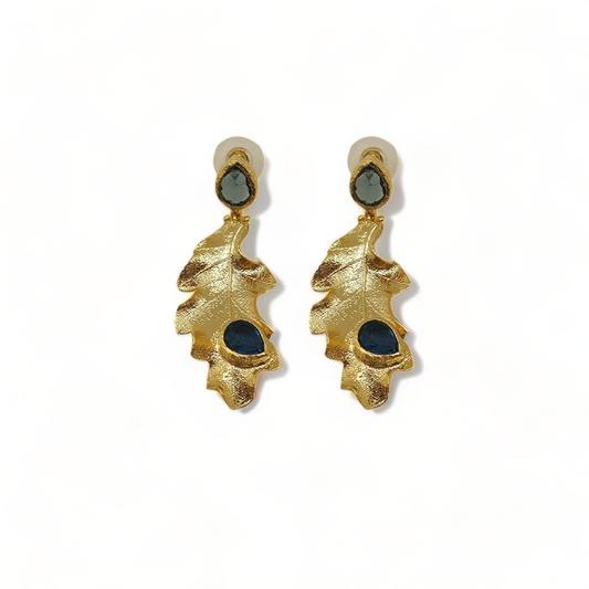 Handmade Gold-Plated Leaf Shape Earrings | Black Onyx Stone | Artisan Crafted Jewelry | Unique Drop Earrings - shopzeyzey