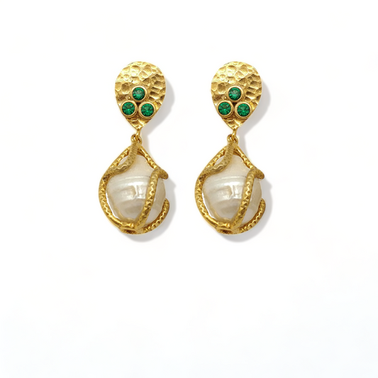 Emerald CZ & Pearl Earrings | Handmade Gold-Plated Jewelry - shopzeyzey