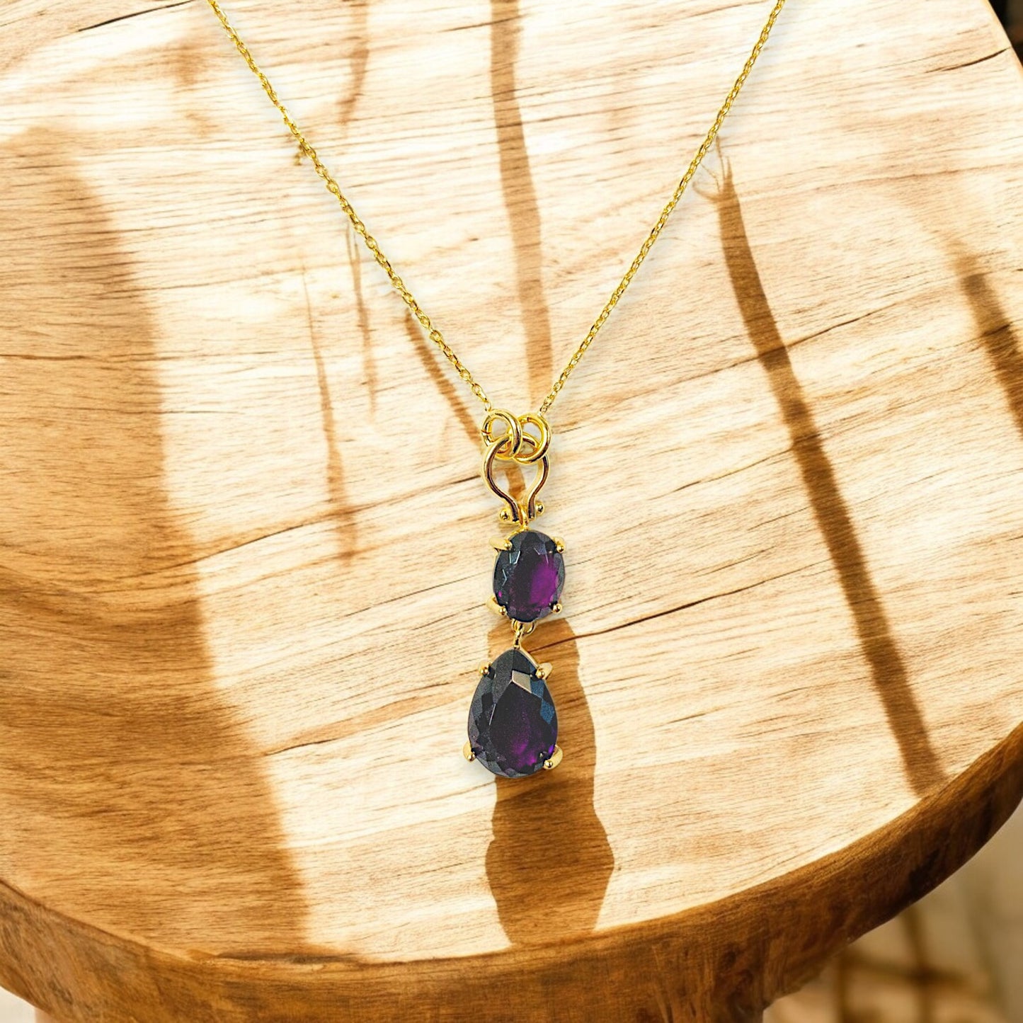 Gold-plated amethyst double drop necklace with deep purple stones