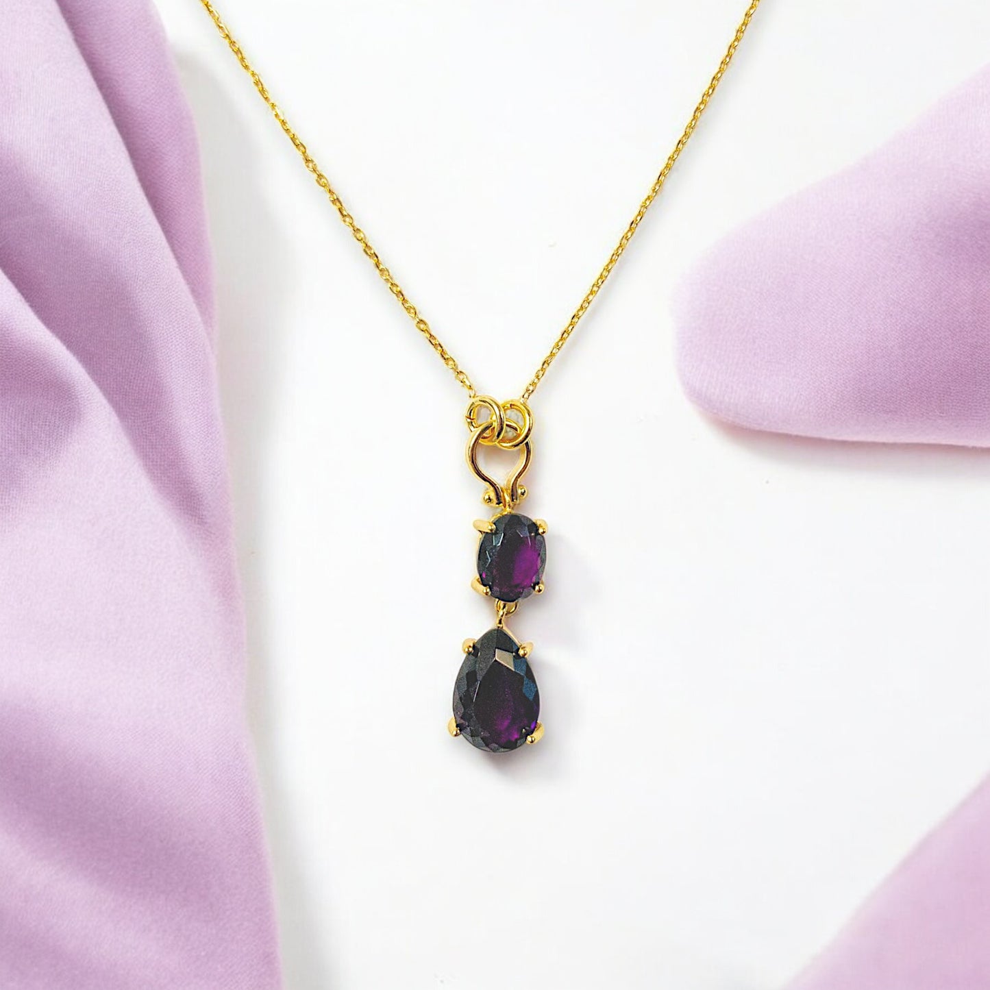 Gold-plated amethyst double drop necklace with deep purple stones