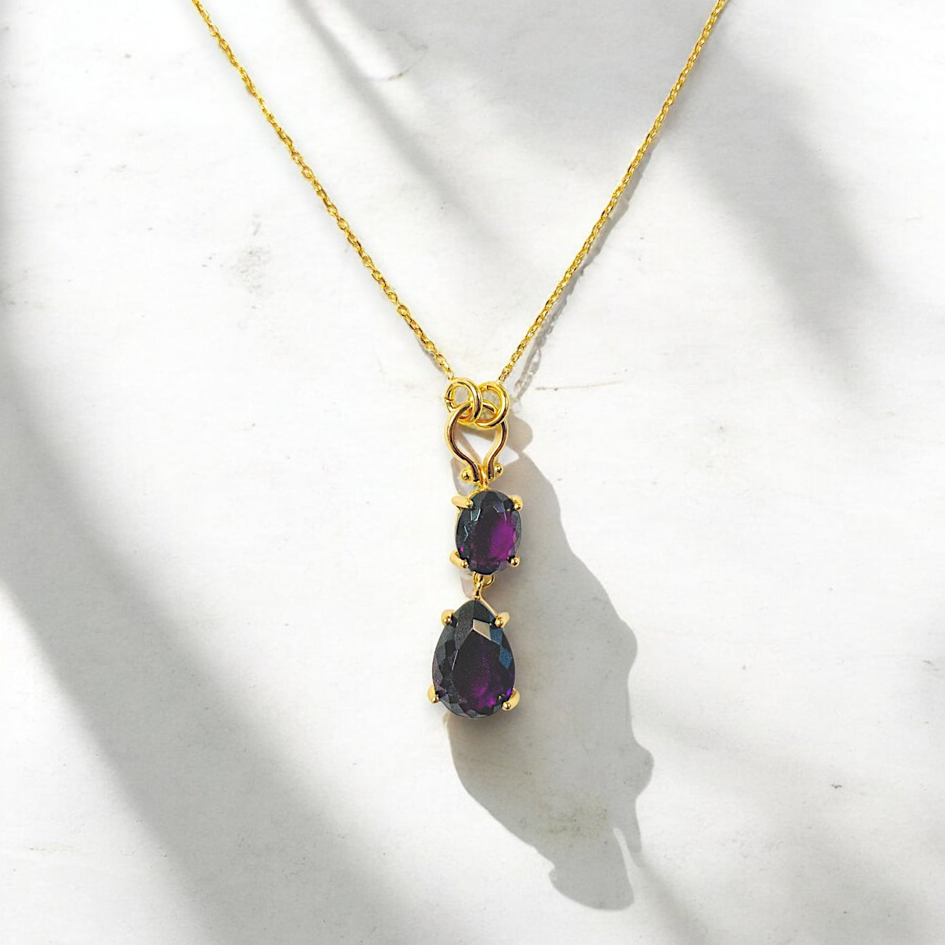 Gold-plated amethyst double drop necklace with deep purple stones
