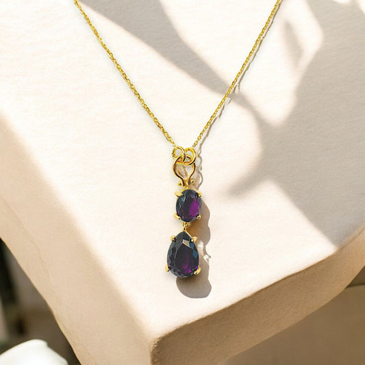 Gold-plated amethyst double drop necklace with deep purple stones