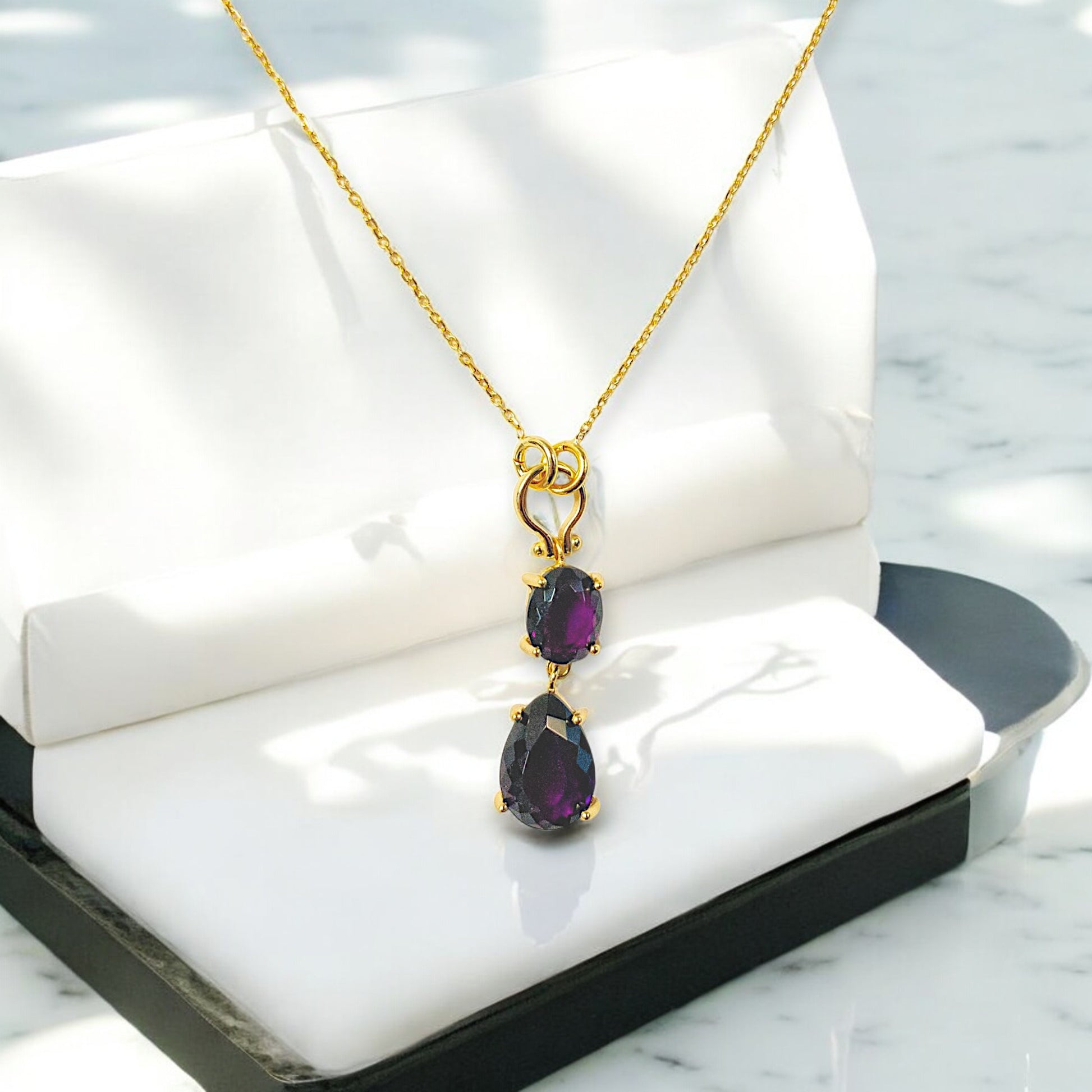 Gold-plated amethyst double drop necklace with deep purple stones