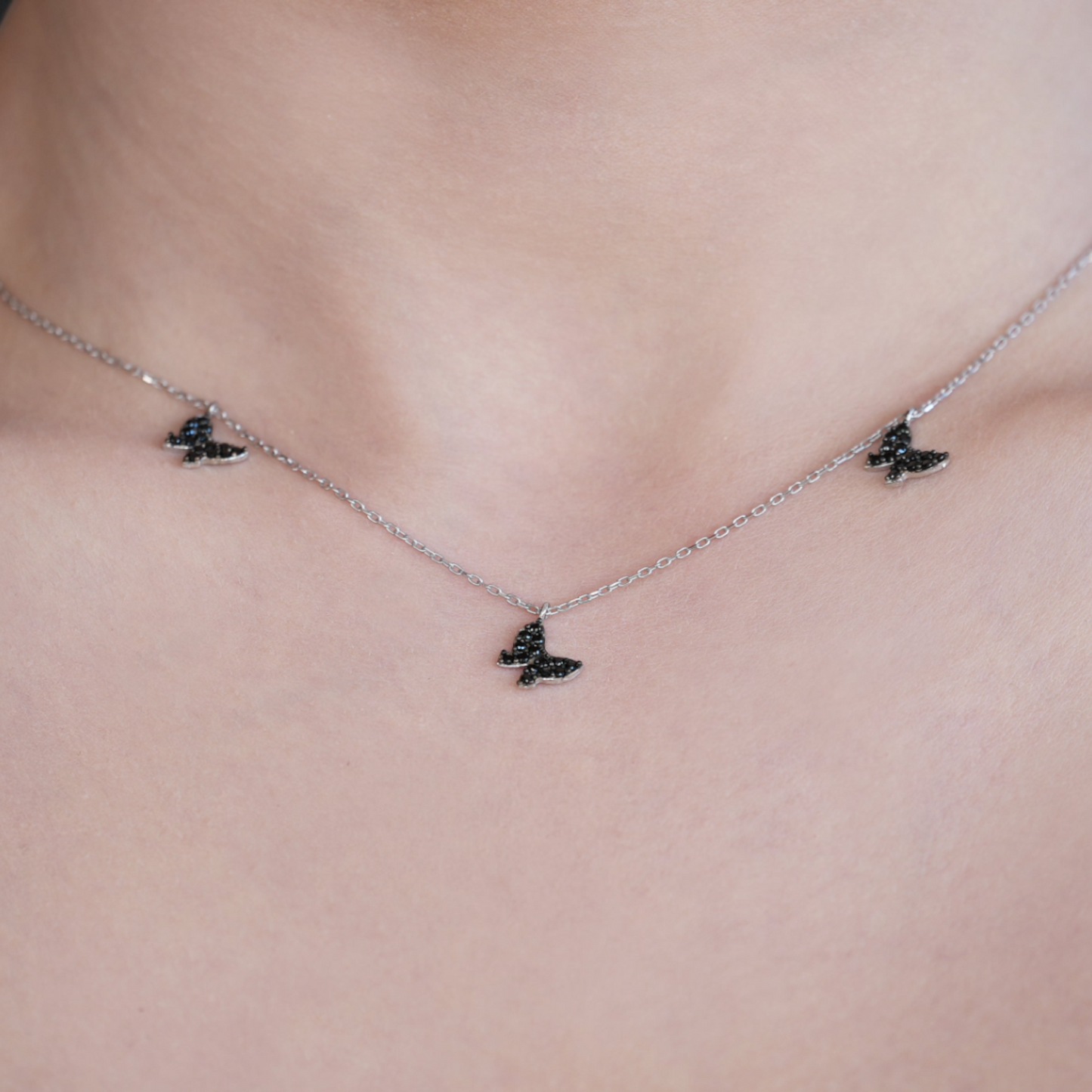 Five Black Butterfly Necklace with Silver Chain - shopzeyzey