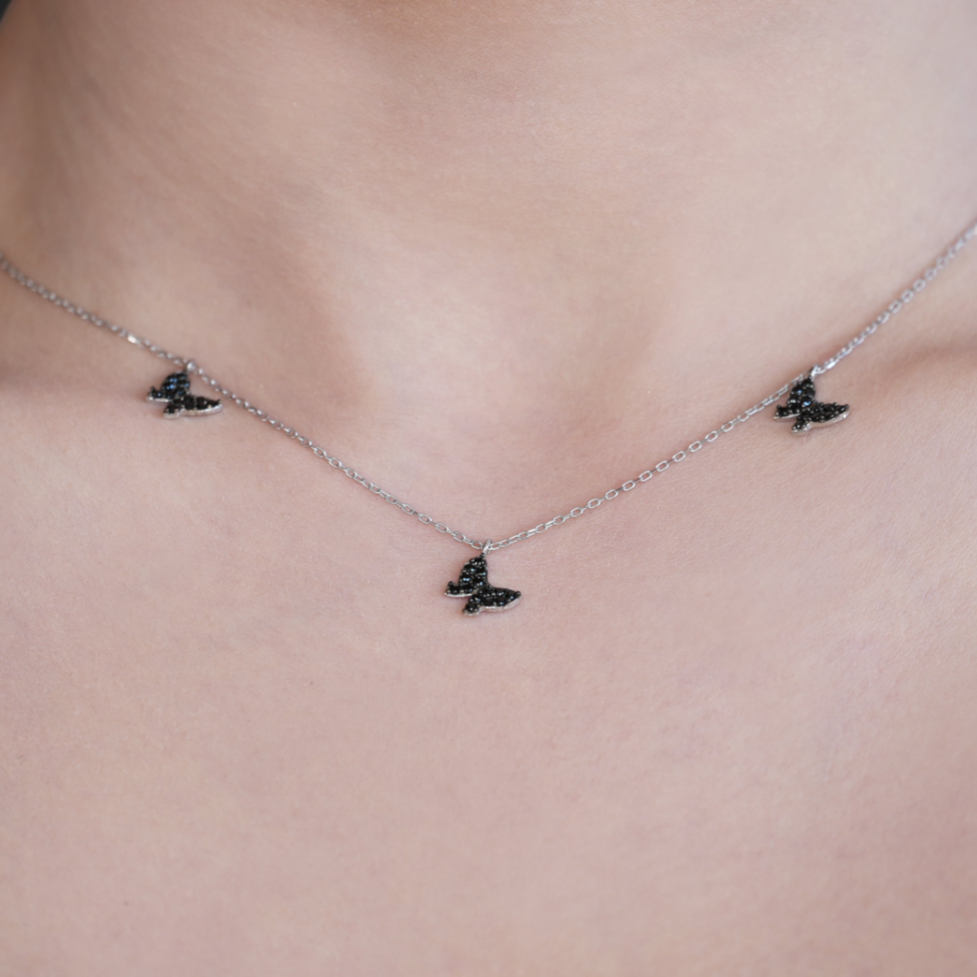 Five Black Butterfly Necklace with Silver Chain - shopzeyzey