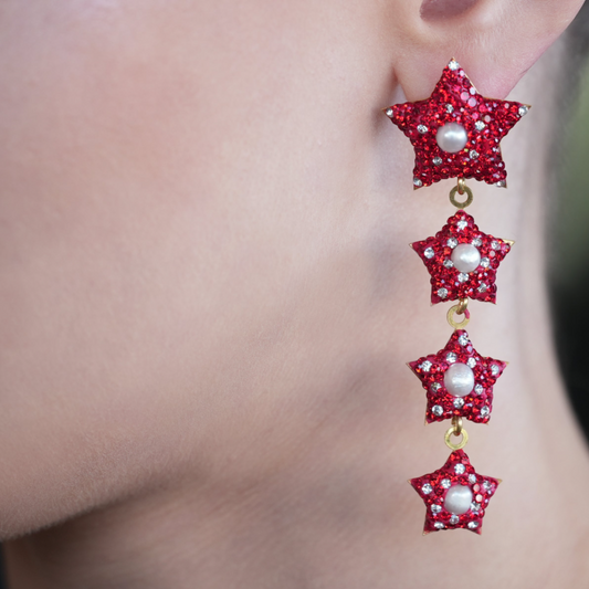 Dangling Four Red Star Earring with Pearl - shopzeyzey