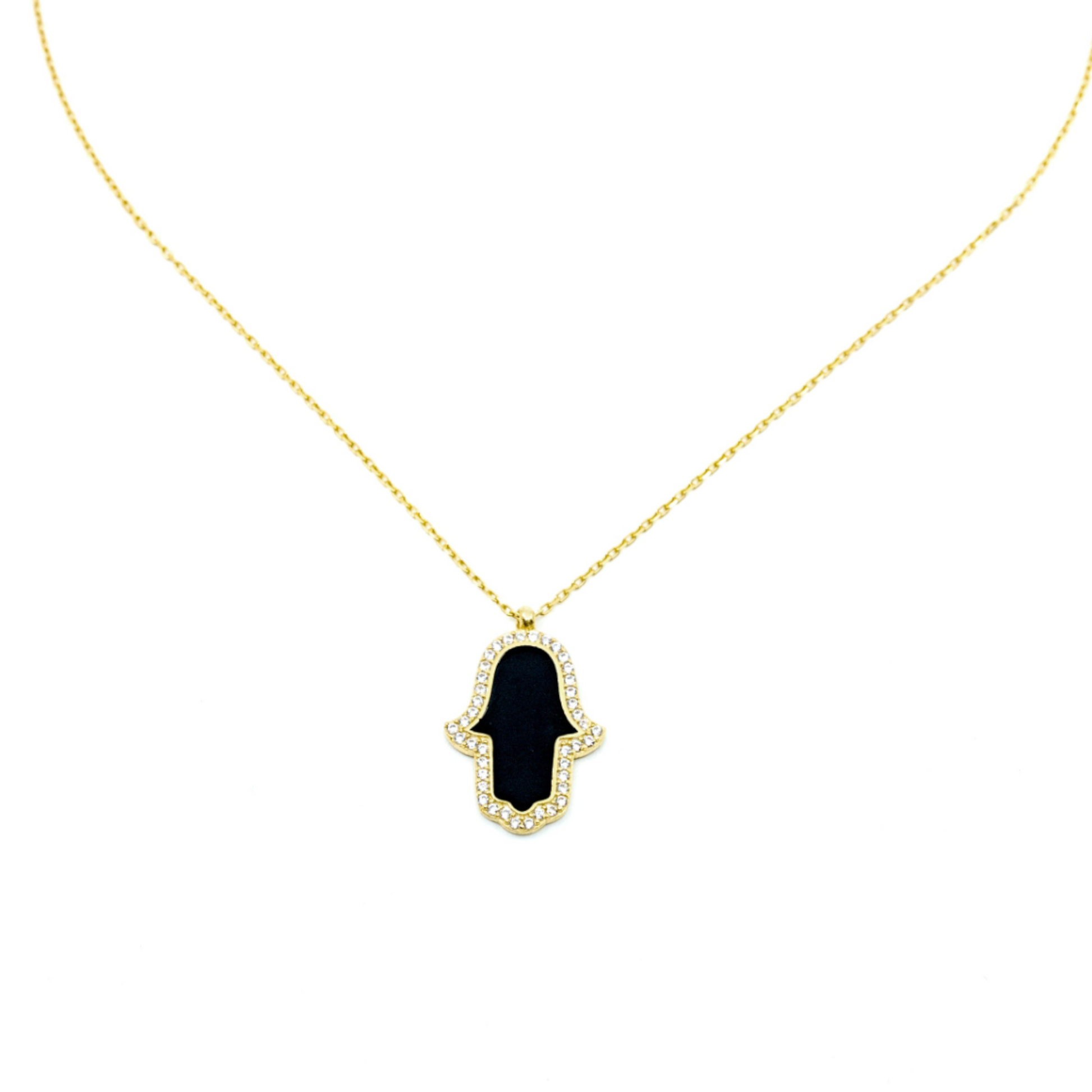 Black Enamel Hamsa Hand with surrounded with CZ Diamond Stones - shopzeyzey