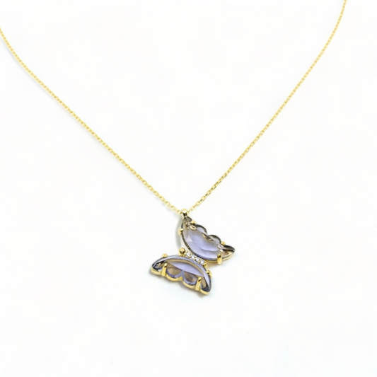 Amethyst Butterfly Pendant Necklace | Sterling Silver Gold-Plated | 16"+2" Extension | Tarnish-Resistant - shopzeyzey