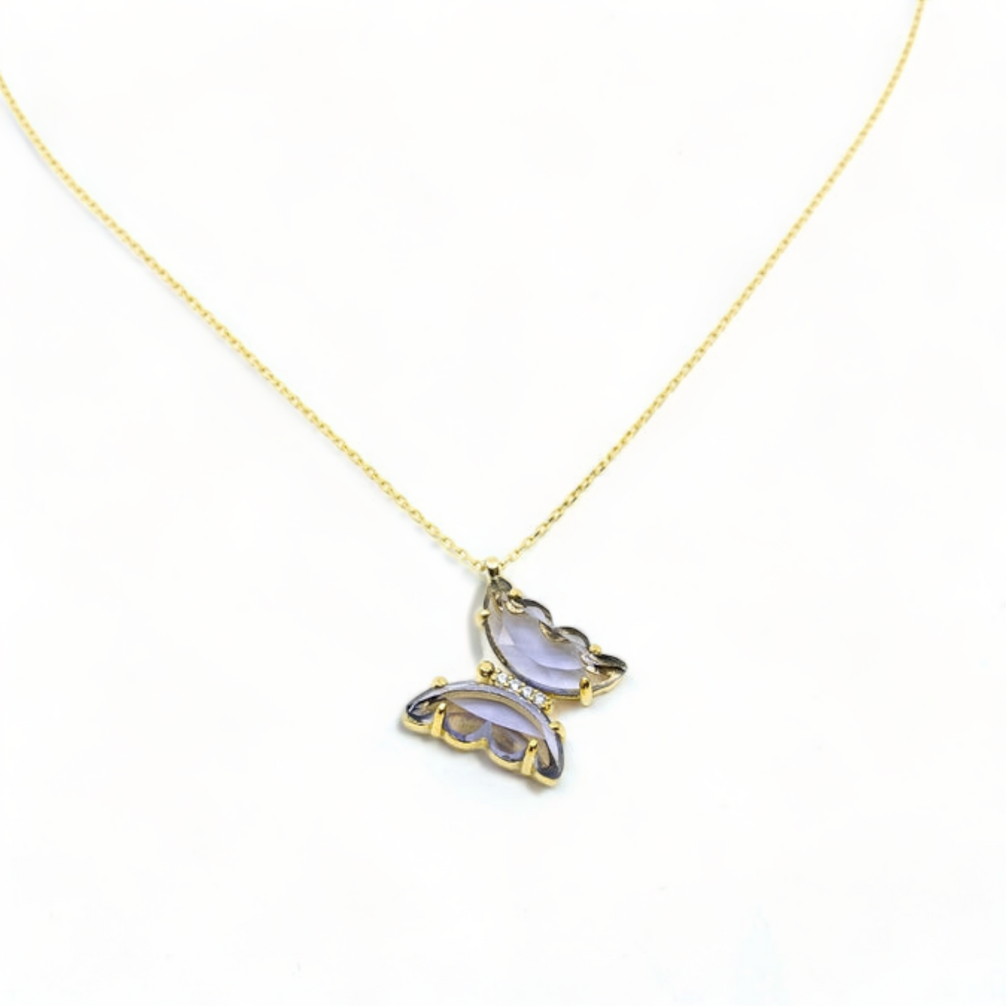 Amethyst Butterfly Pendant Necklace | Sterling Silver Gold-Plated | 16"+2" Extension | Tarnish-Resistant - shopzeyzey